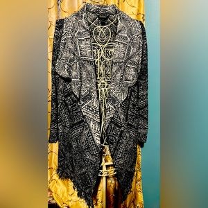 Lucky Brand Navy Blue White Open Front  Fringe Blanket Sweater M